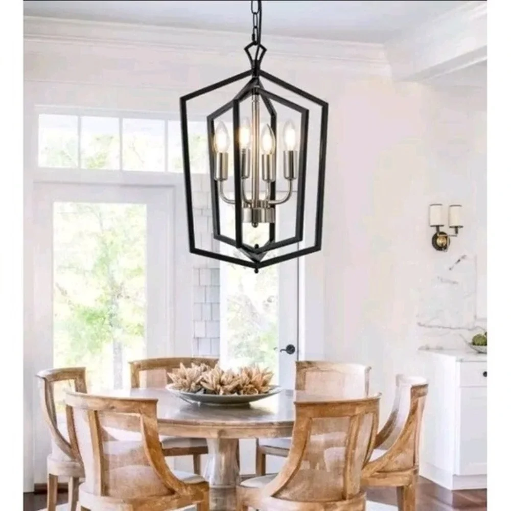 4-Light Black Farmhouse Chandelier Light Fixture‎ Iron Lantern Pendant Light